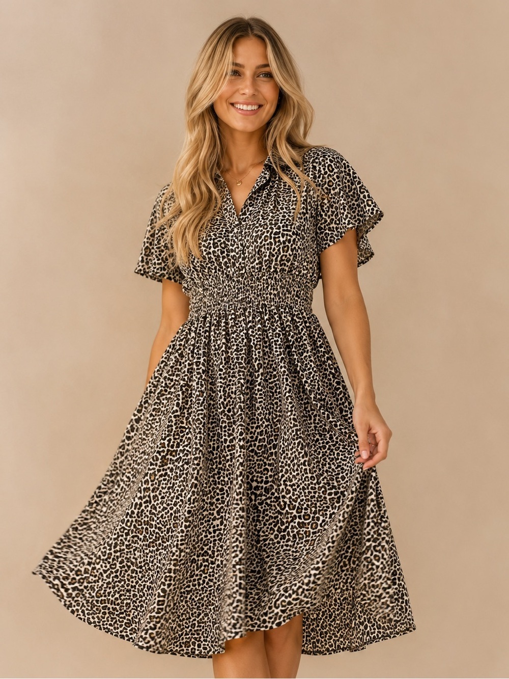 Lush Leopard Print Smocked Waist Midi Dress Size S